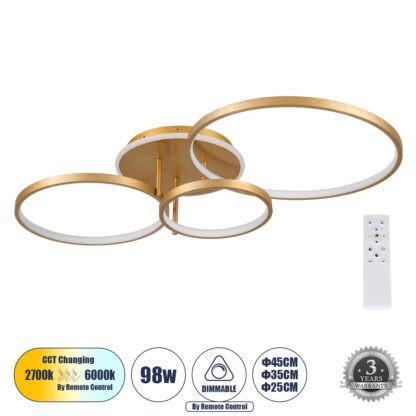 NEMESIS 61110 Φωτιστικό Οροφής Δαχτυλίδι-Κύκλος LED CCT 98W 11858lm 360° AC 220-240V - Εναλλαγή Φωτισμού μέσω Τηλεχειριστηρίου All In One Ψυχρό 6000k+Φυσικό 4500k+Θερμό 2700k Dimmable Φ25+35+45cm+BackLight - Χρυσό Βούρτσας - 3 Years Warranty