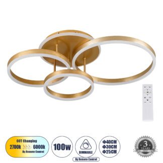 VENOM 61125 Φωτιστικό Οροφής Δαχτυλίδι-Κύκλος LED CCT 100W 12100lm 360° AC 220-240V - Εναλλαγή Φωτισμού μέσω Τηλεχειριστηρίου All In One Ψυχρό 6000k+Φυσικό 4500k+Θερμό 2700k Dimmable Φ25+30+40cm+BackLight - Χρυσό Βούρτσας - 3 Years Warranty