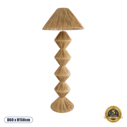 LUANA 02108 Boho Επιδαπέδιο Φωτιστικό Μονόφωτο 1 x E27 AC220-240V IP20 - Φ60 x Υ150cm - Μπεζ Φυσική Ράφια Νήμα Καπέλο - 5 Χρόνια Εγγύηση