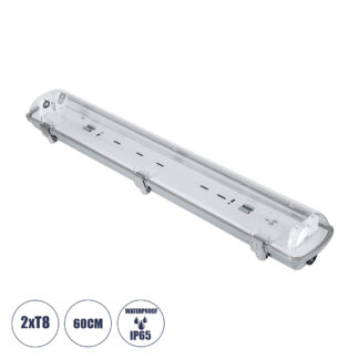 60cm Tri-Proof Πλαστικό PC Σκαφάκι με Μεταλλικά Clips για 2 x Λάμπες T8 Τύπου Φθορίου LED Τροφοδοσίας Ενός Άκρου Αδιάβροχο IP65