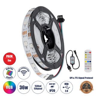DIGISTRIP 90758 Set Digital Pixel Addressable Strip - Σετ Ψηφιακής Ταινίας 5 Μέτρων με Ψηφιακό Controller & Ασύρματο Χειριστήριο RF & WiFi Mobile APP - LED SMD 5050 36W/5m 150LED/5m 150PIXEL/5m SPI/TTL Protocol 2880lm/m 120° DC 5V με USB 2.0 & WiFi Mobile APP IP20 Πολύχρωμα RGB - Dimmable - Λευκό Σώμα - Μ500 x Π1 x Υ0.2cm - Συσκευασία 5 Μέτρων - 2 Χρόνια Εγγύηση