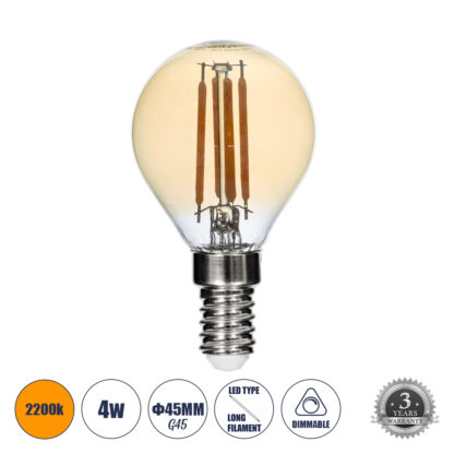 99033 Λάμπα LED Long Filament E14 G45 Γλομπάκι 4W 350lm 360° AC 220-240V IP20 Φ4.5 x Υ7.5cm Ultra Θερμό Λευκό 2200K με Μελί Γυαλί - Dimmable - 3 Years Warranty