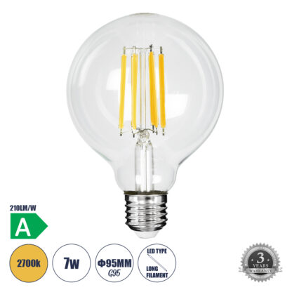 99088 Λάμπα LED Long Filament E27 G95 Γλόμπος 7W 1470lm 360° AC 220-240V IP20 Φ9.5 x Υ13.8cm Θερμό Λευκό 2700K με Διάφανο Γυαλί - Pro Series 210lm/W - A Ενεργειακή Κλάση - 3 Χρόνια Εγγύηση