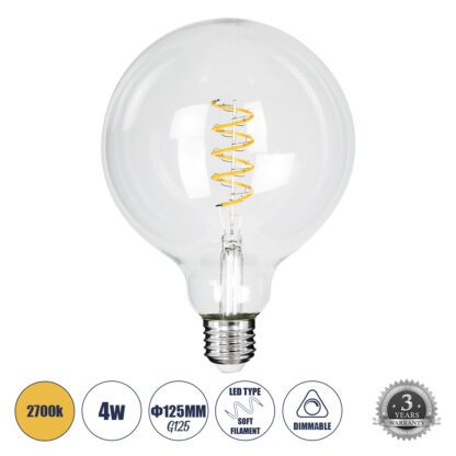 99137 Λάμπα LED Soft S Spiral Filament E27 G125 Γλόμπος 4W 300lm 360° AC 220-240V IP20 Φ12.5 x Υ18cm Θερμό Λευκό 2700K με Διάφανο Γυαλί Dimmable - 3 Χρόνια Εγγύηση