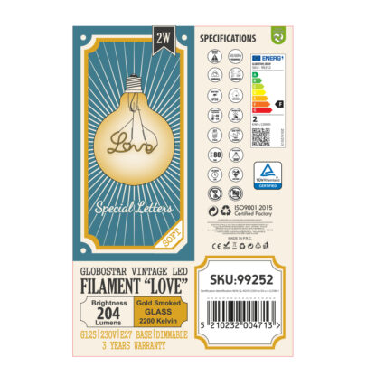 99252 Λάμπα LED Ultra Thin Soft S Spiral Letter Filament E27 G125 LOVE Γλόμπος 2.4W 204lm 360° AC 220-240V IP20 Φ12.5 x Υ18cm Ultra Θερμό Λευκό 2200K με Μελί Γυαλί - Dimmable - 3 Years Warranty - Image 6